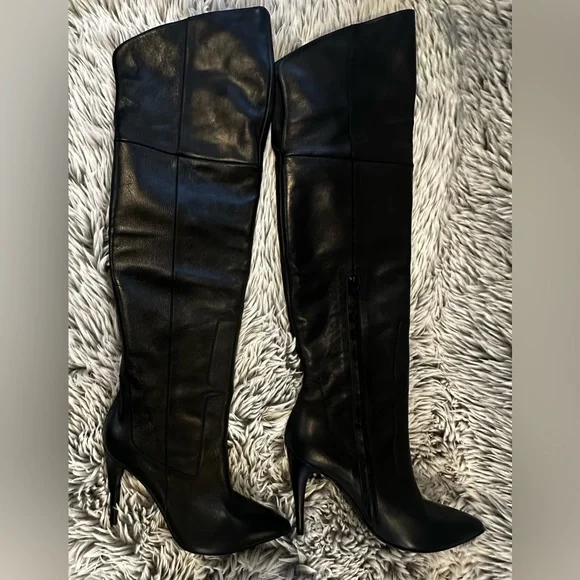 Halston Hertiage Olivia Over the Knee Leather Boots - Jet Black - Picture 1 of 12